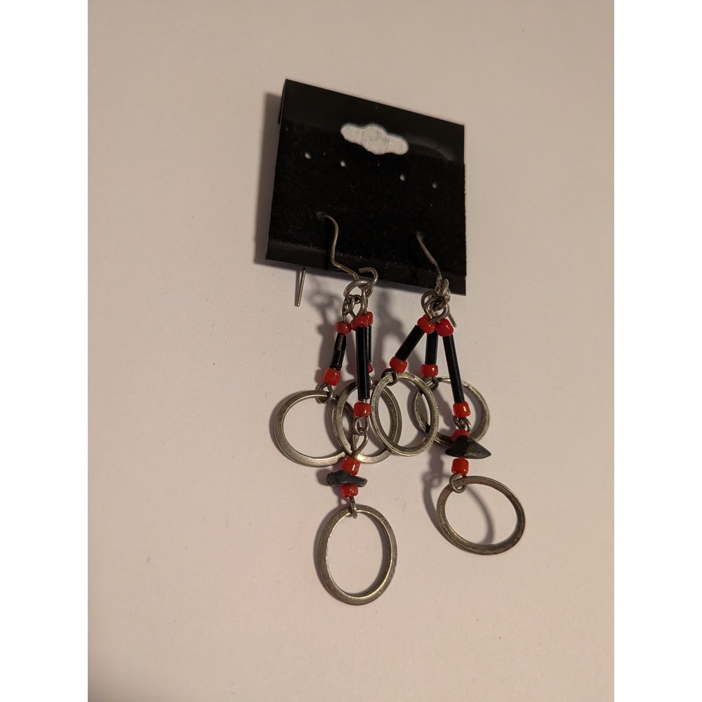 Silver Tone Red Black Beaded Geometric Hoop Dangle‎ Earrings Boho Fishhook New